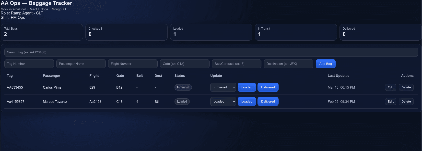 Baggage Tracker dashboard